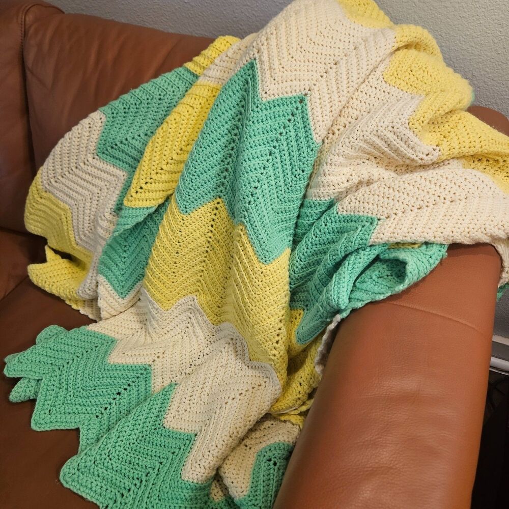 Vintage Hand Crocheted Knit Throw Afghan Chevron Pattern Yellow Green Cream